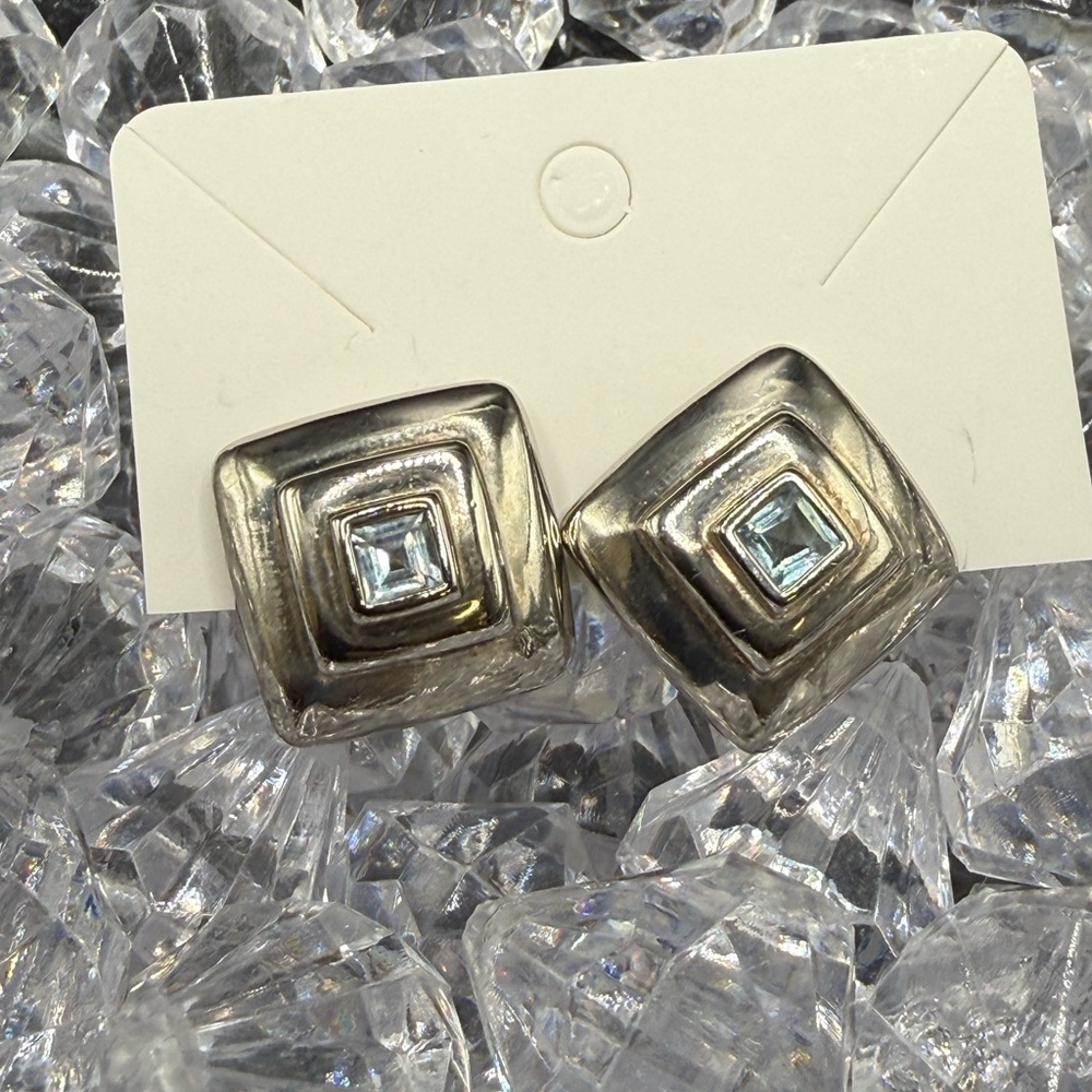 Elegant Sterling Silver Square Earrings with aquamarine center stones